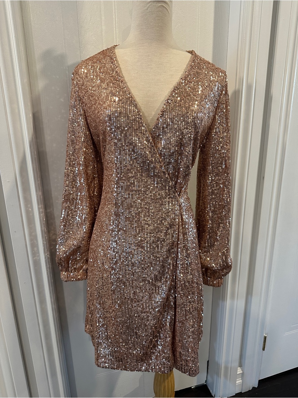 Cleo Sequin Wrap Mini Dress in Rose Gold